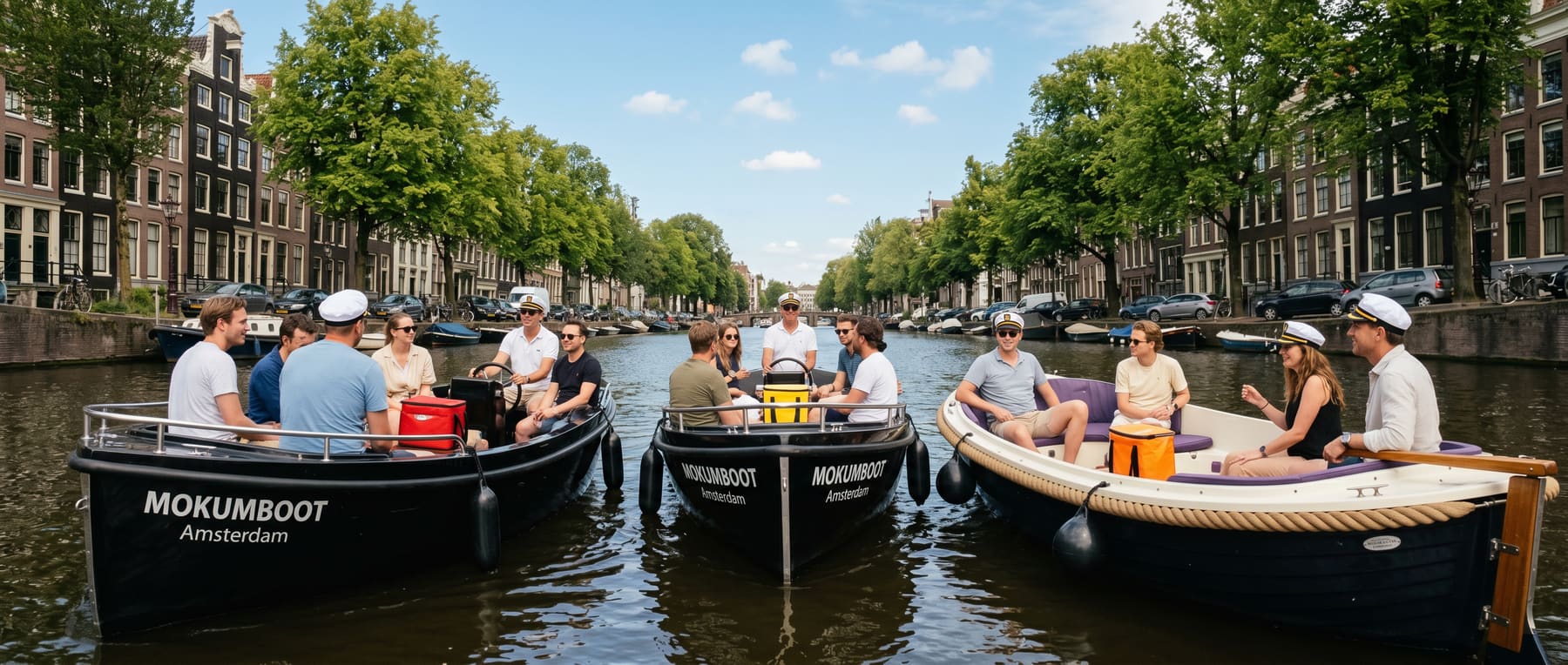 Groep deelnemers in meerdere sloepen op de Amsterdamse grachten